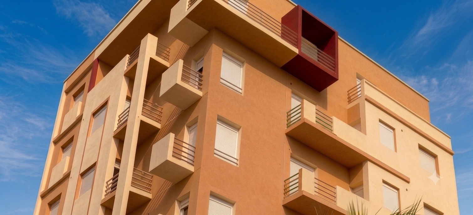 Fachada de edificio residencial con revestimiento decorativo Raspado de Truccsa